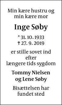 Dødsannoncen for Inge Søby - Allerød