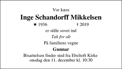 Dødsannoncen for Inge Schandorff Mikkelsen - Ebeltoft