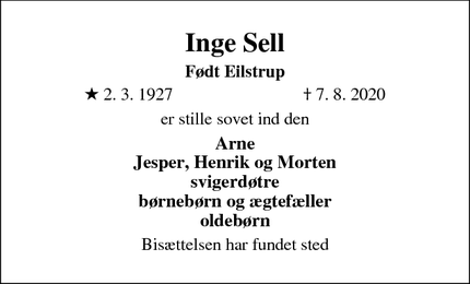 Dødsannoncen for Inge Sell - Aarhus