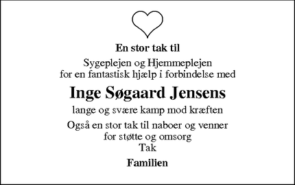 Dødsannoncen for Inge Søgaard Jensens - Storring