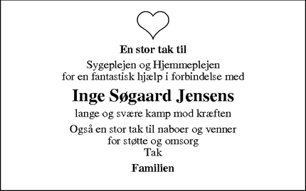 Dødsannoncen for Inge Søgaard Jensens - Storring