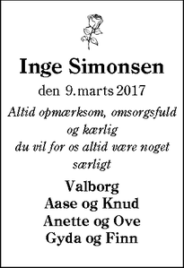 Dødsannoncen for Inge Simonsen - Jejsing