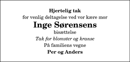 Taksigelsen for Inge Sørensens - Hadsund