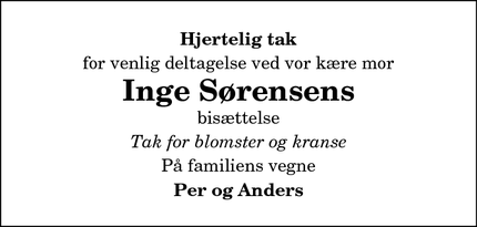 Taksigelsen for Inge Sørensens - Hadsund