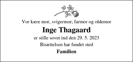 Dødsannoncen for Inge Thagaard - Hurup Thy