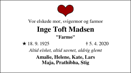 Dødsannoncen for Inge Toft Madsen - Rudersdal