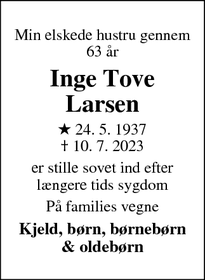 Dødsannoncen for Inge Tove Larsen - Albertslund 
