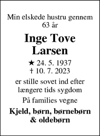 Dødsannoncen for Inge Tove Larsen - Albertslund 