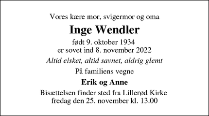 Dødsannoncen for Inge Wendler - Allerød