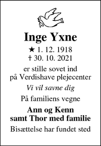 Dødsannoncen for Inge Yxne - Sorø