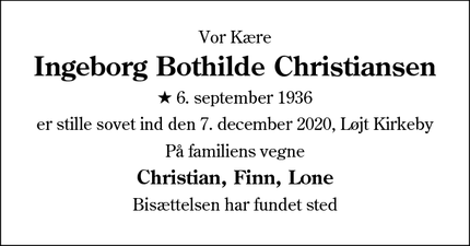 Dødsannoncen for Ingeborg Bothilde Christiansen - Aabenraa