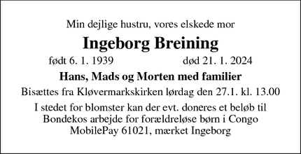 Dødsannoncen for Ingeborg Breining - Holbæk