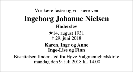 Dødsannoncen for Ingeborg Johanne Nielsen - Haderslev