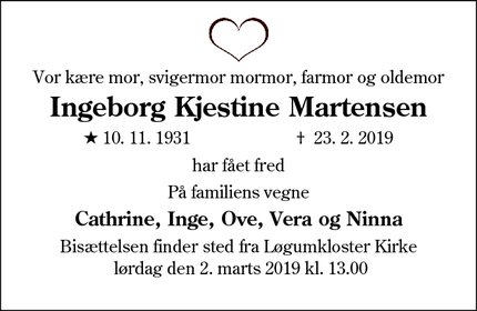 Dødsannoncen for Ingeborg Kjestine Martensen - Løgumkloster