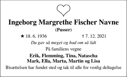 Dødsannoncen for Ingeborg Margrethe Fischer Navne - Galten