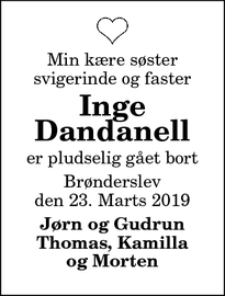 Dødsannoncen for Inge
Dandanell - Brønderslev