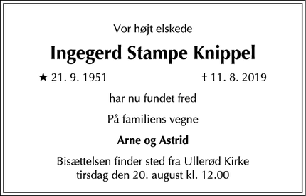 Dødsannoncen for Ingegerd Stampe Knippel - Hillerød