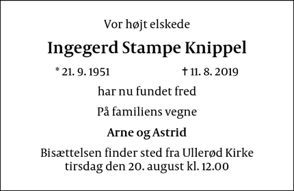 Dødsannoncen for Ingegerd Stampe Knippel - Hillerød