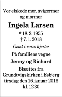 Dødsannoncen for Ingela Larsen - Esbjerg