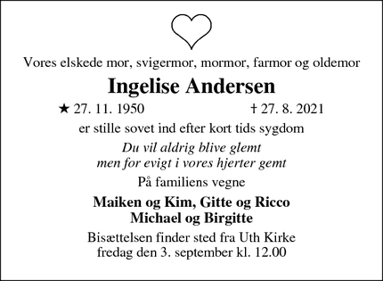 Dødsannoncen for Ingelise Andersen - Horsens