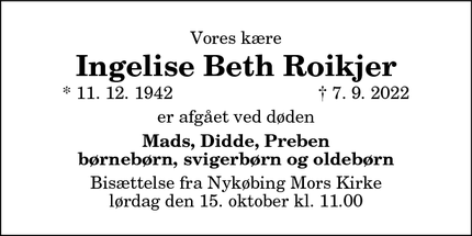 Dødsannoncen for Ingelise Beth Roikjer - København K