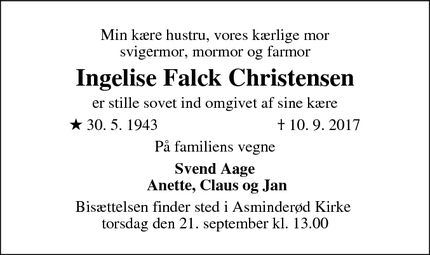 Dødsannoncen for Ingelise Falck Christensen - Fredensborg