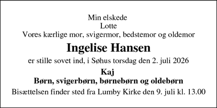 Dødsannoncen for Ingelise Hansen - Odense