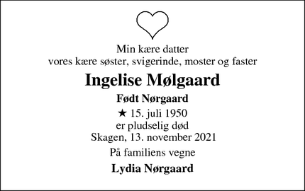 Dødsannoncen for Ingelise Mølgaard - Skagen
