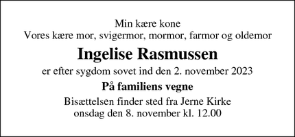 Dødsannoncen for Ingelise Rasmussen - Fredericia
