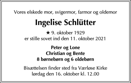 Dødsannoncen for Ingelise Schlütter - Værløse