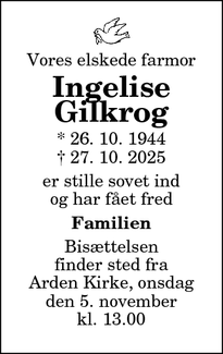 Dødsannoncen for Ingelise
Gilkrog - Arden