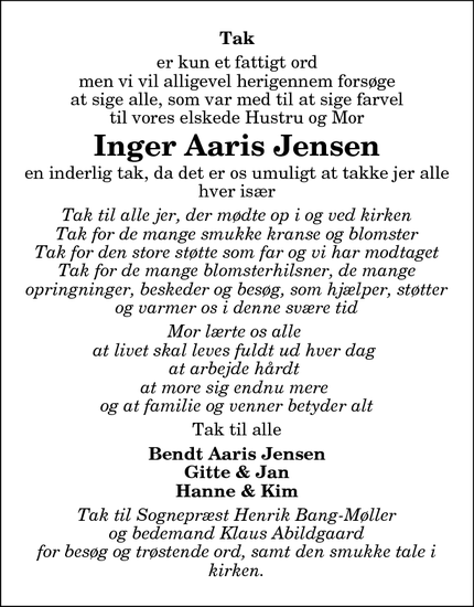 Dødsannoncen for Inger Aaris Jensen - Hjørring