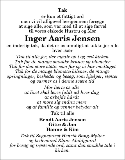 Dødsannoncen for Inger Aaris Jensen - Hjørring