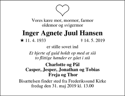 Dødsannoncen for Inger Agnete Juul Hansen - Frederikssund
