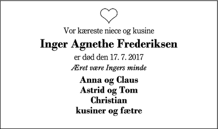 Dødsannoncen for Inger Agnethe Frederiksen - Vorgod