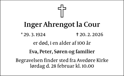 Dødsannoncen for Inger Ahrengot la Cour - København K