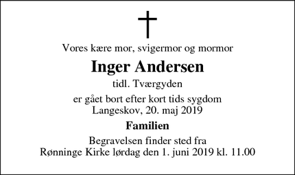 Dødsannoncen for Inger Andersen - Frederiksberg C