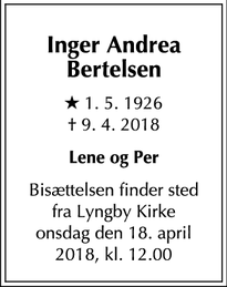 Dødsannoncen for Inger Andrea Bertelsen - Lyngby Taarbæk