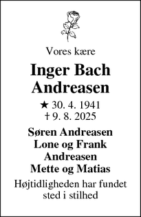 Dødsannoncen for Inger Bach
Andreasen - Hobro