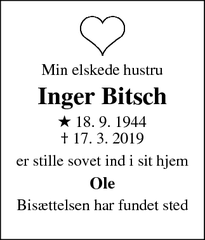 Dødsannoncen for Inger Bitsch - Viborg