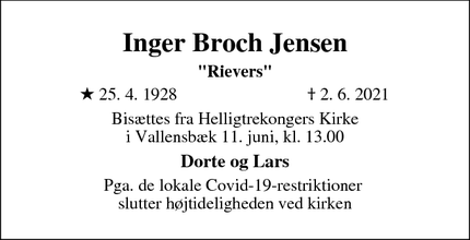 Dødsannoncen for Inger Broch Jensen - Vallensbæk 