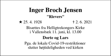 Dødsannoncen for Inger Broch Jensen - Vallensbæk