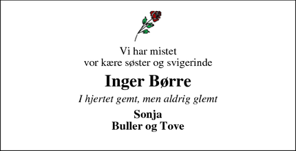 Dødsannoncen for Inger Børre - Sorø