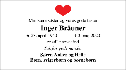 Dødsannoncen for Inger Bräuner - Viborg