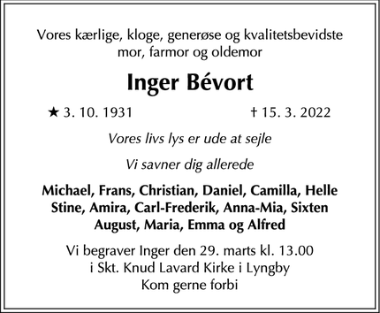 Dødsannoncen for Inger Bévort - København