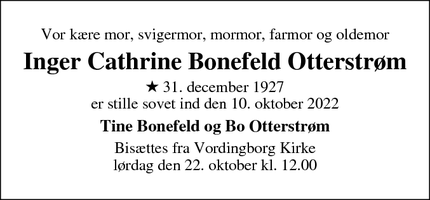 Dødsannoncen for Inger Cathrine Bonefeld Otterstrøm - Vordingborg
