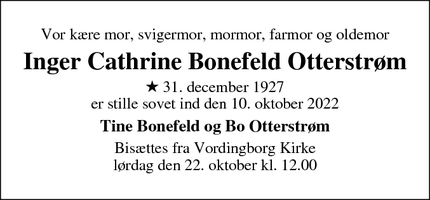 Dødsannoncen for Inger Cathrine Bonefeld Otterstrøm - Vordingborg