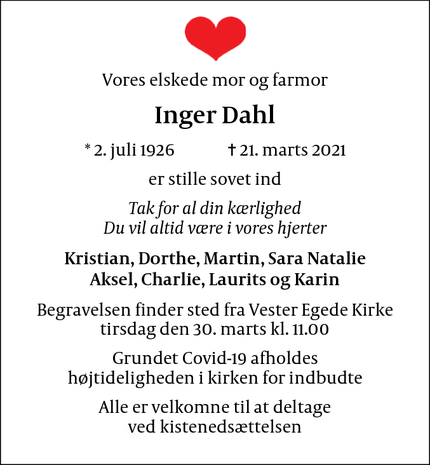 Dødsannoncen for Inger Dahl - Kirke Hyllinge