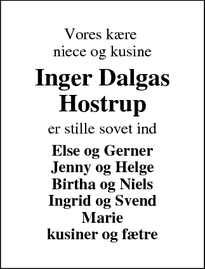 Dødsannoncen for Inger Dalgas Hostrup - Skjern