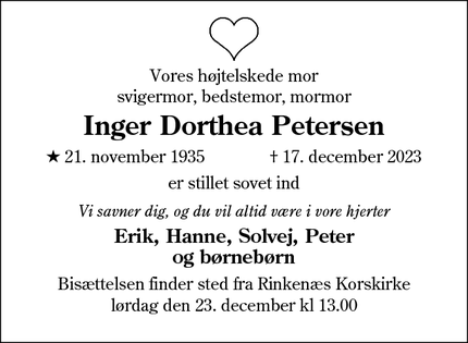 Dødsannoncen for Inger Dorthea Petersen - Rinkenæs